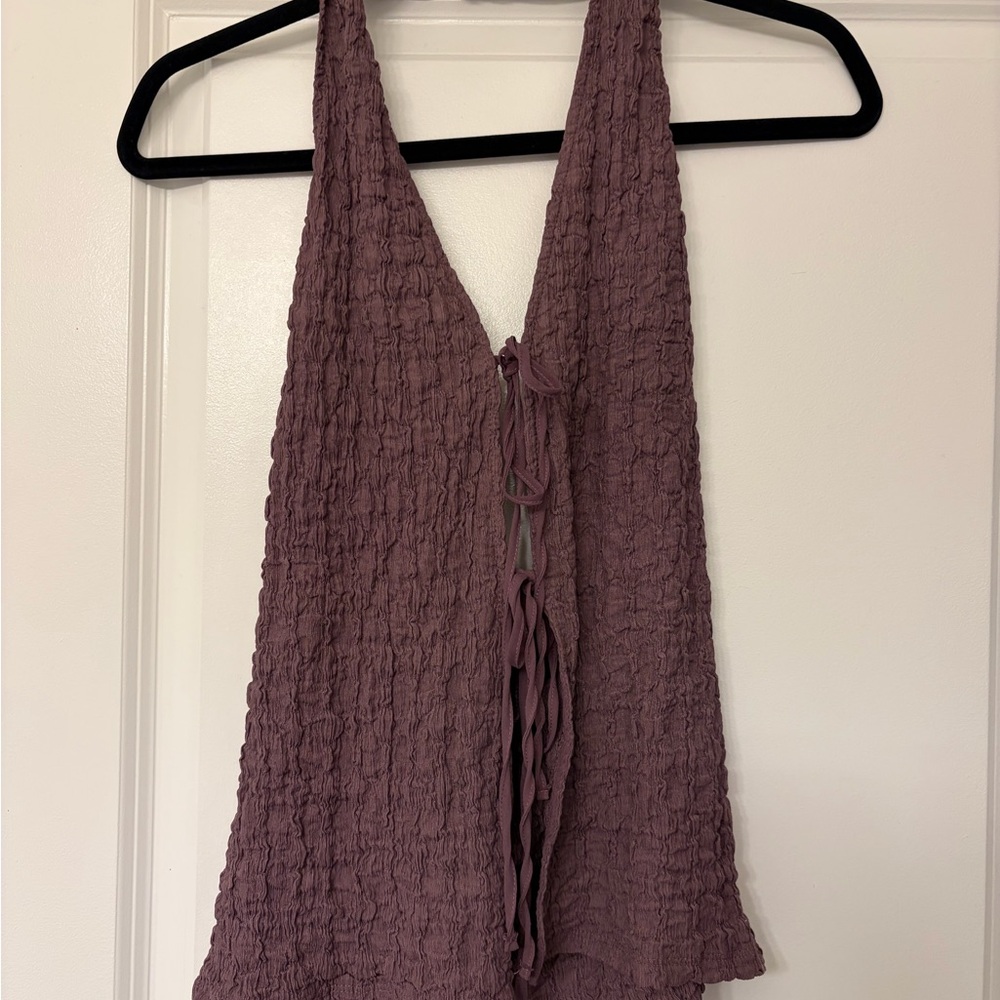 Zara Textured Mauve Tie Front Halter Top